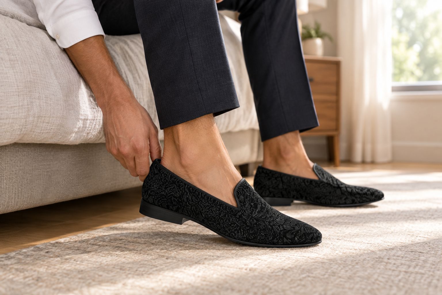 Man slipping on a suede slip-on dress loafer without a lacing panel