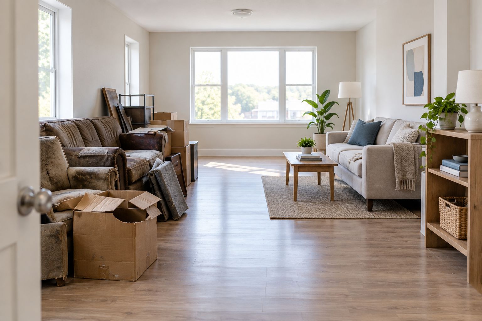 Separate groups of retained belongings and furniture for removal with a clear walking path