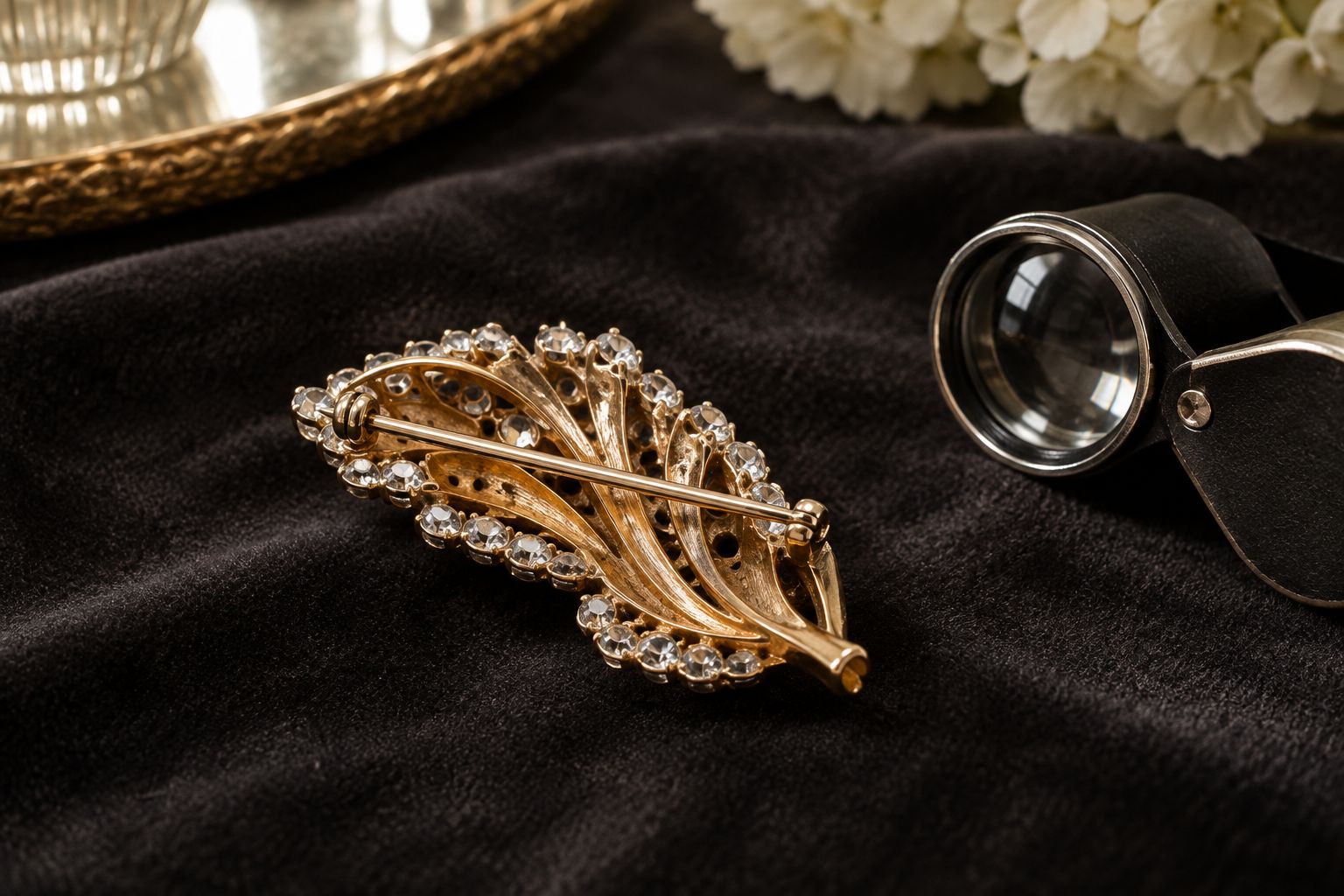 Vintage rhinestone brooch pin-back being inspected with a jeweler's loupe