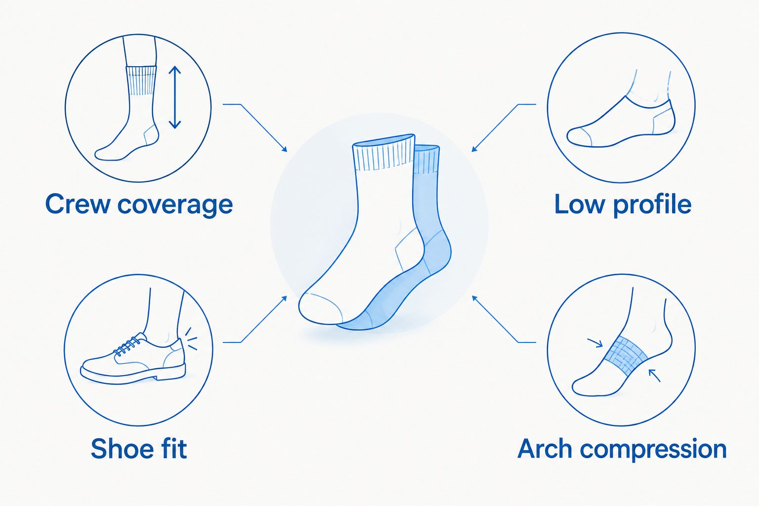 Two-column comparison of sock coverage, low profile, shoe fit and arch compression