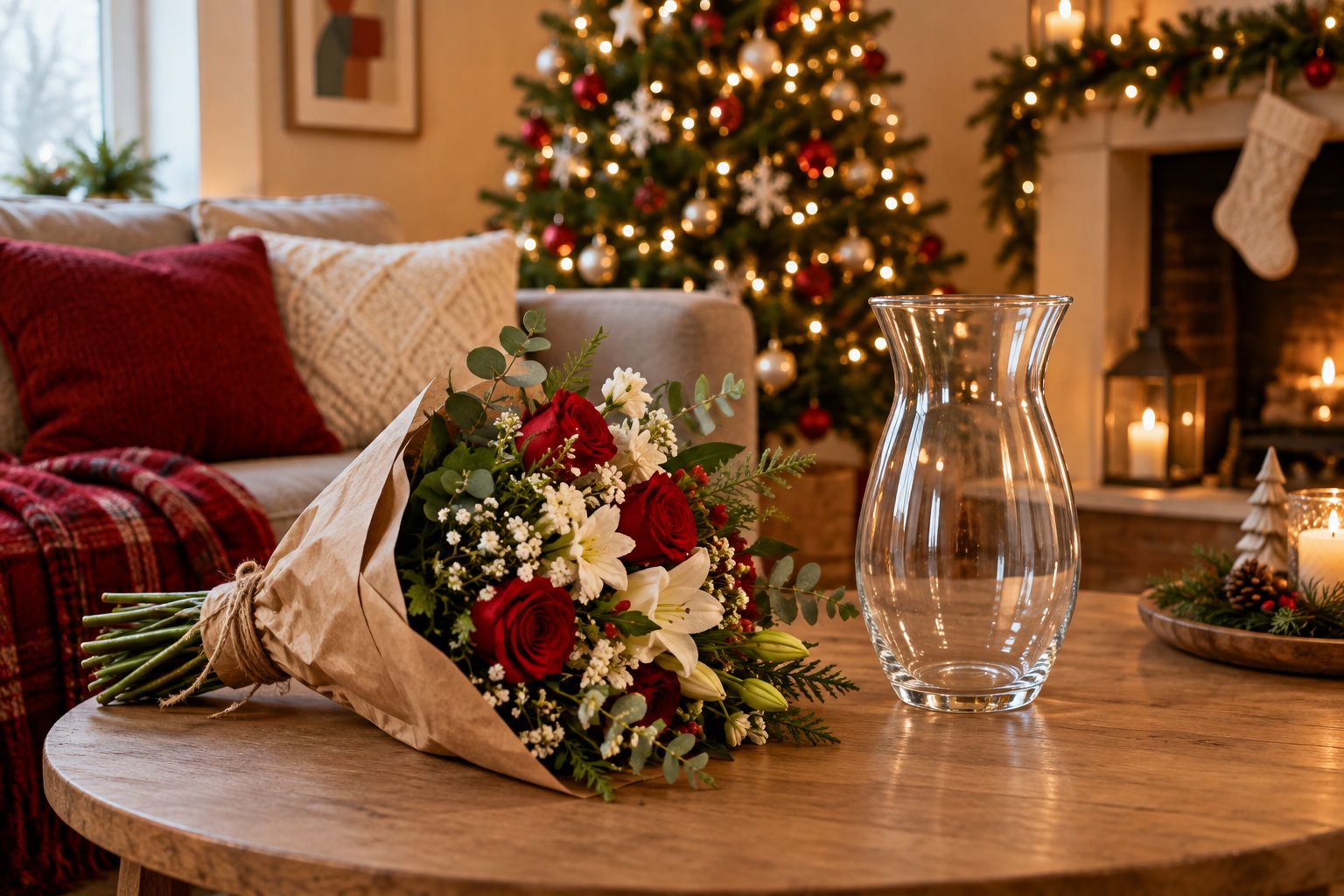 Hand-tied flowers beside a vase on a small table at Christmas