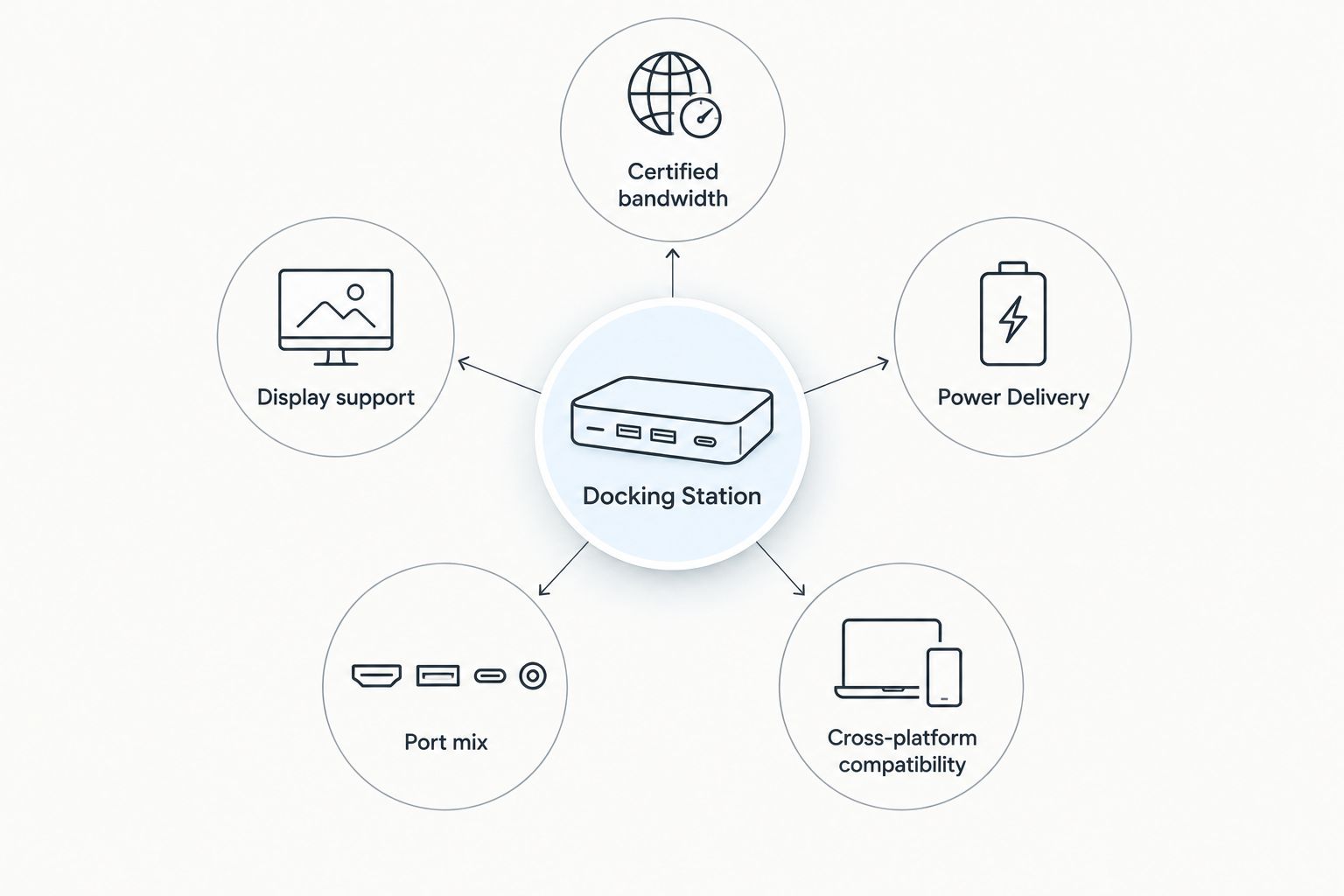 Diagram showing five criteria connected to a central docking station icon