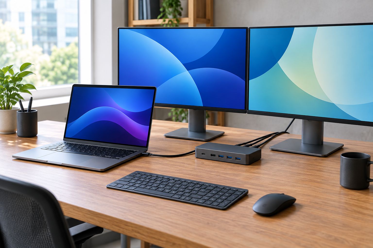 Office desk with a laptop docking station connected to two external monitors