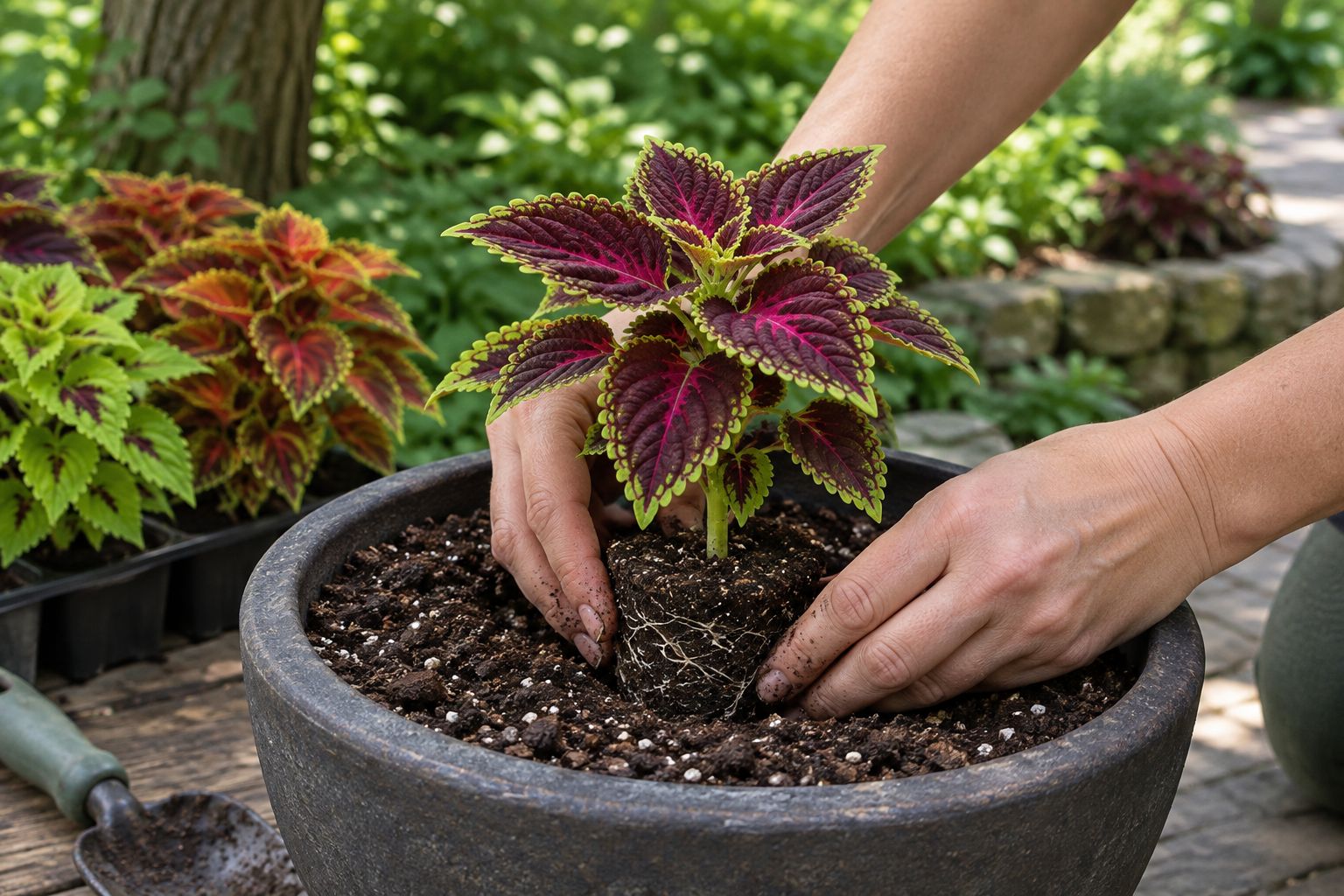 A young coleus plug planted with its root ball level with the surrounding potting mix