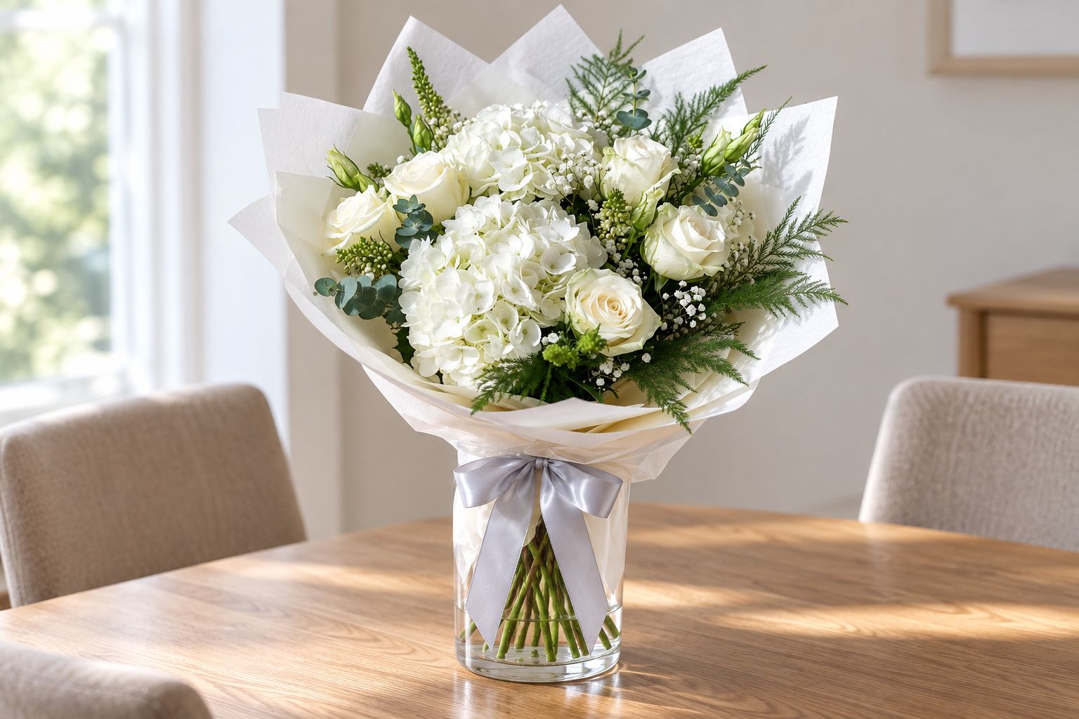 White hydrangea and rose hand-tied bouquet displayed in a glass vase