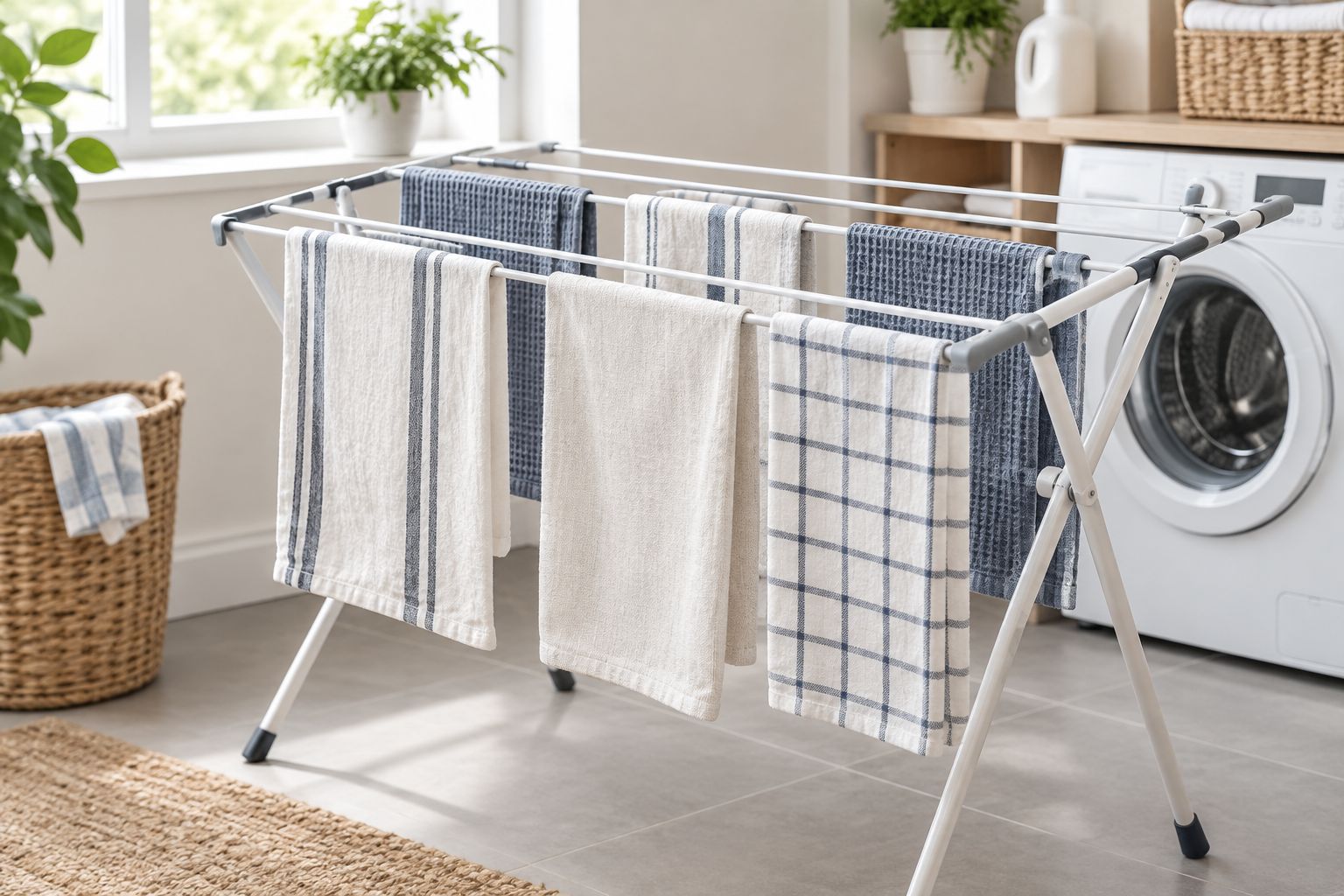 Kitchen towels hanging spread out with space between them on a drying rack