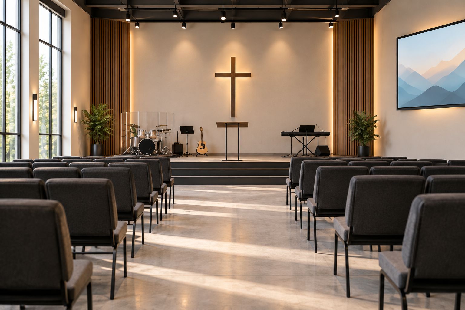 Worship hall with selected wood slat wall sections and unobstructed windows and circulation routes