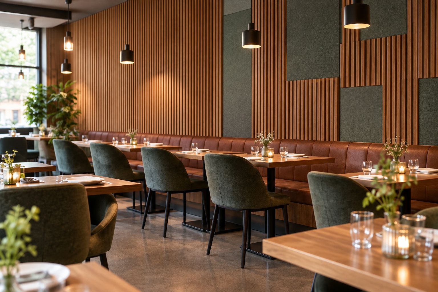 Restaurant walls showing continuous wood slats and a spaced geometric panel arrangement