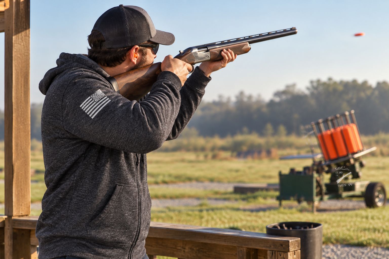 Shooter wearing a patriotic hoodie mounting a shotgun at an outdoor skeet station