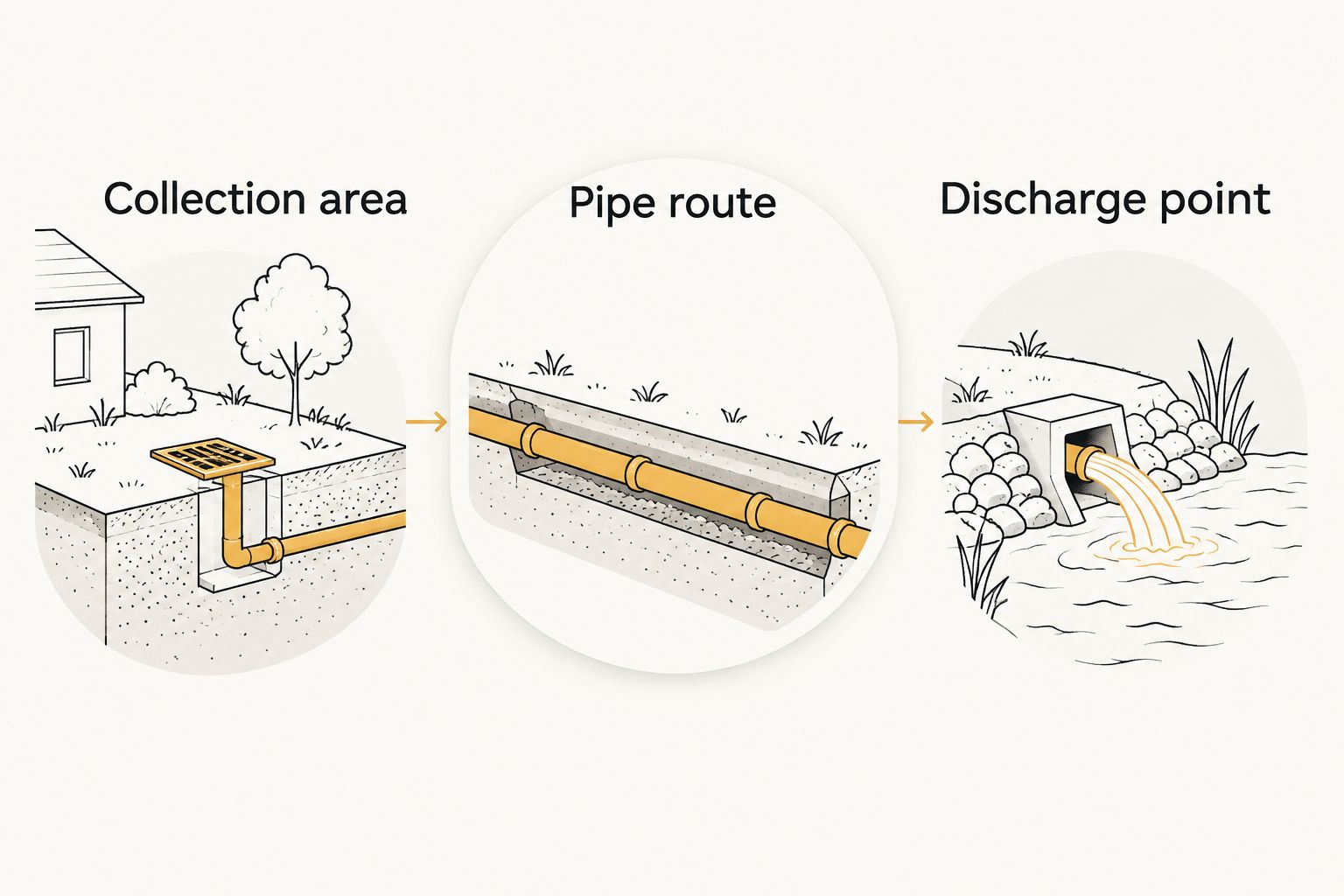 Drainage planning sequence showing the collection area, pipe route, and discharge point.