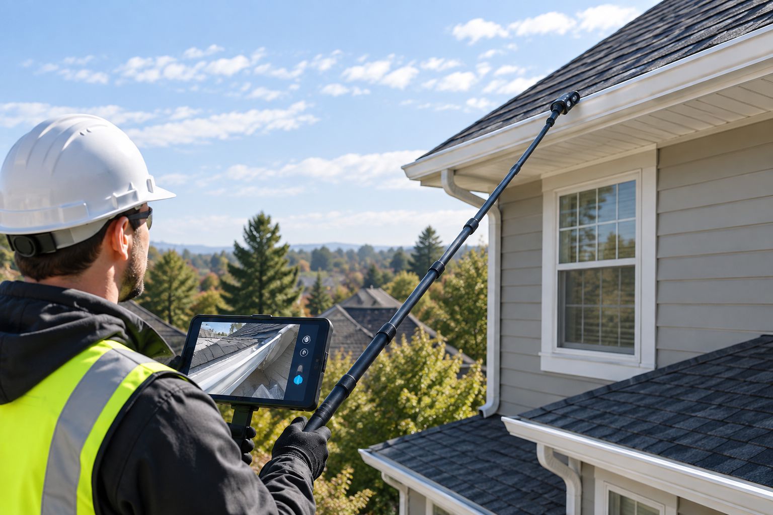 Technician using a pole-mounted camera to inspect a roof gutter from the ground