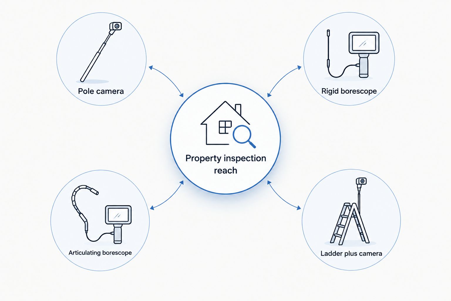Diagram showing four inspection equipment options connected to a central property inspection reach hub