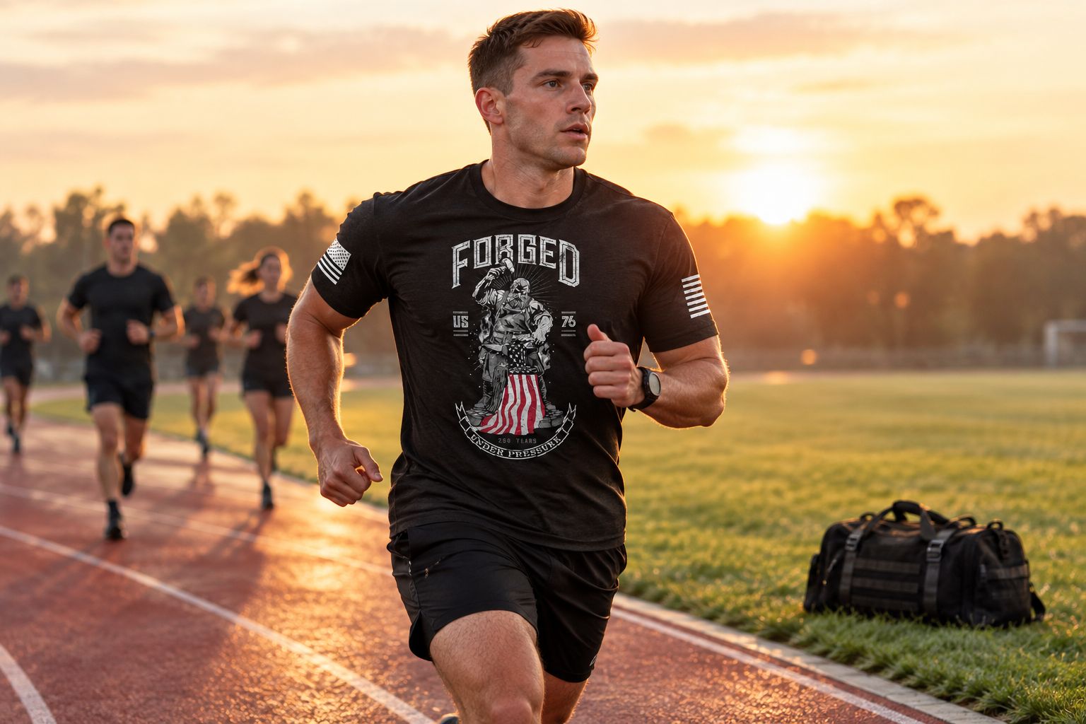 Runner wearing a black patriotic PT shirt on a track at sunrise