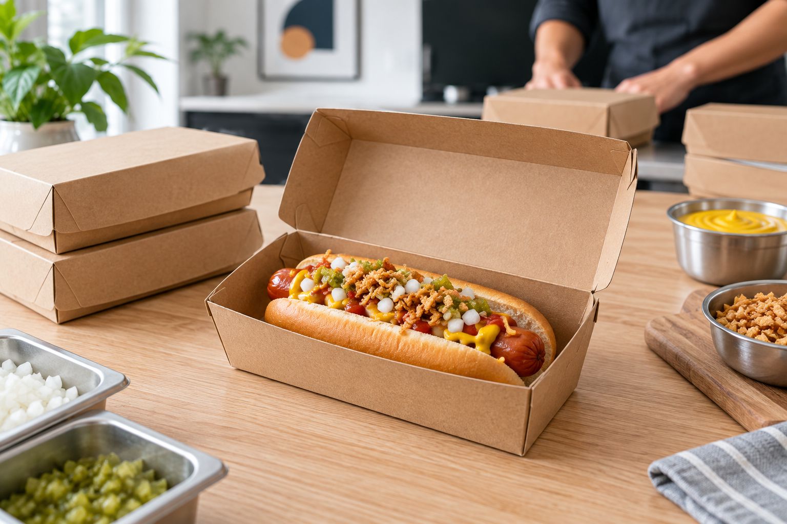 Open kraft hot dog box showing the fit of a bun and toppings