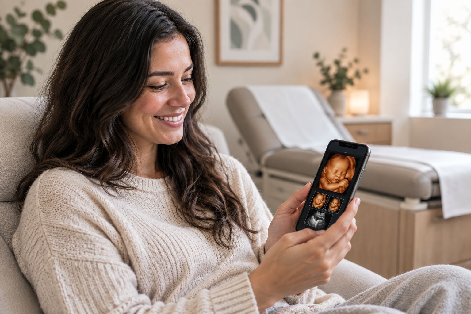 Parent viewing ultrasound photos on a phone in a private studio room