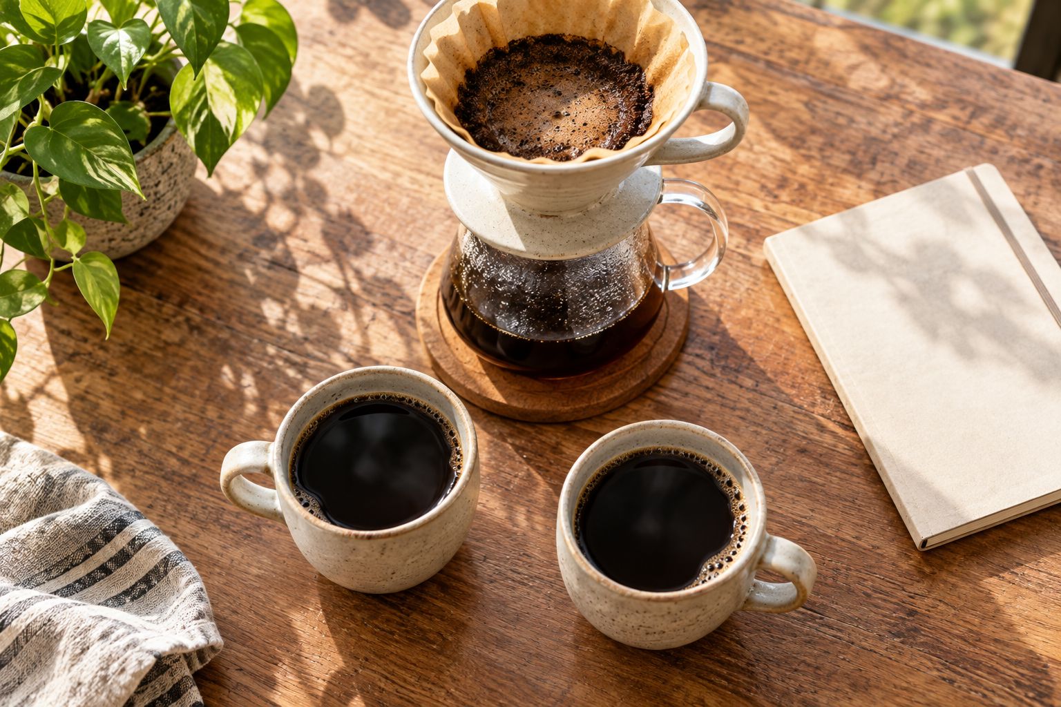 Two cups of black coffee arranged for a side-by-side tasting at home