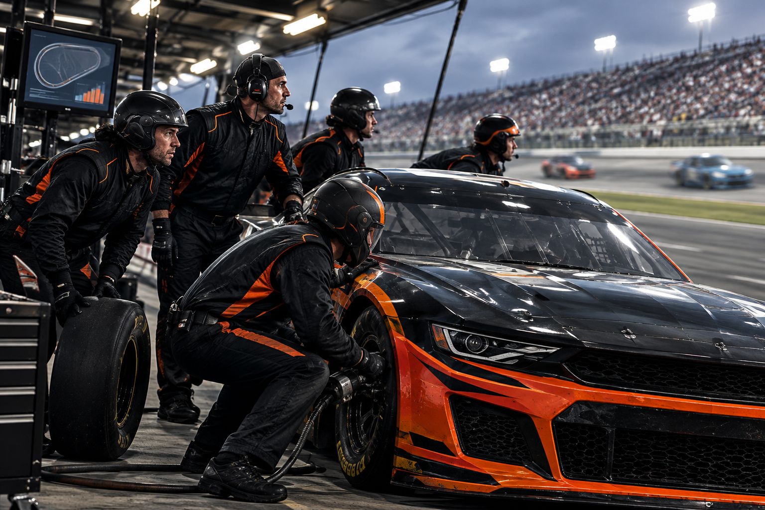 A small NASCAR pit crew working on a stock car during a race
