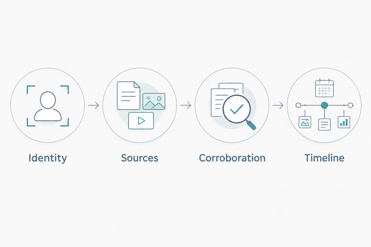 Investigation sequence from identity resolution through sources and corroboration to a timeline