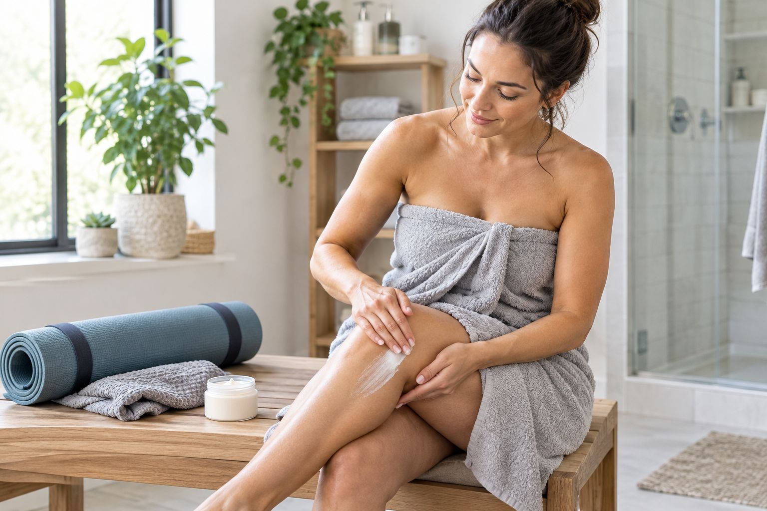 A woman gently applying body cream to her thigh after a shower, with a yoga mat nearby.