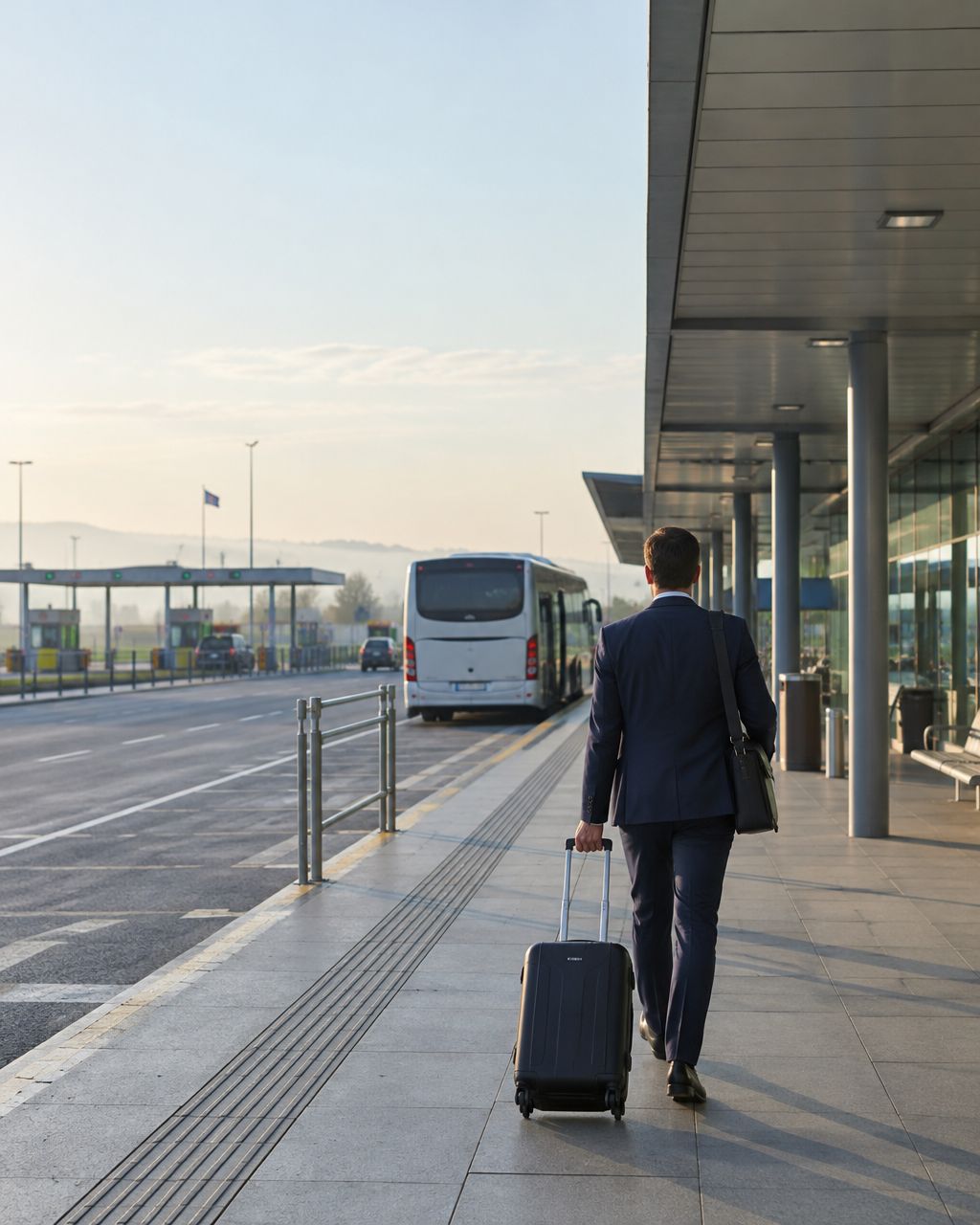 Traveller with rolling suitcase walking towards a coach bay at a border port departure area