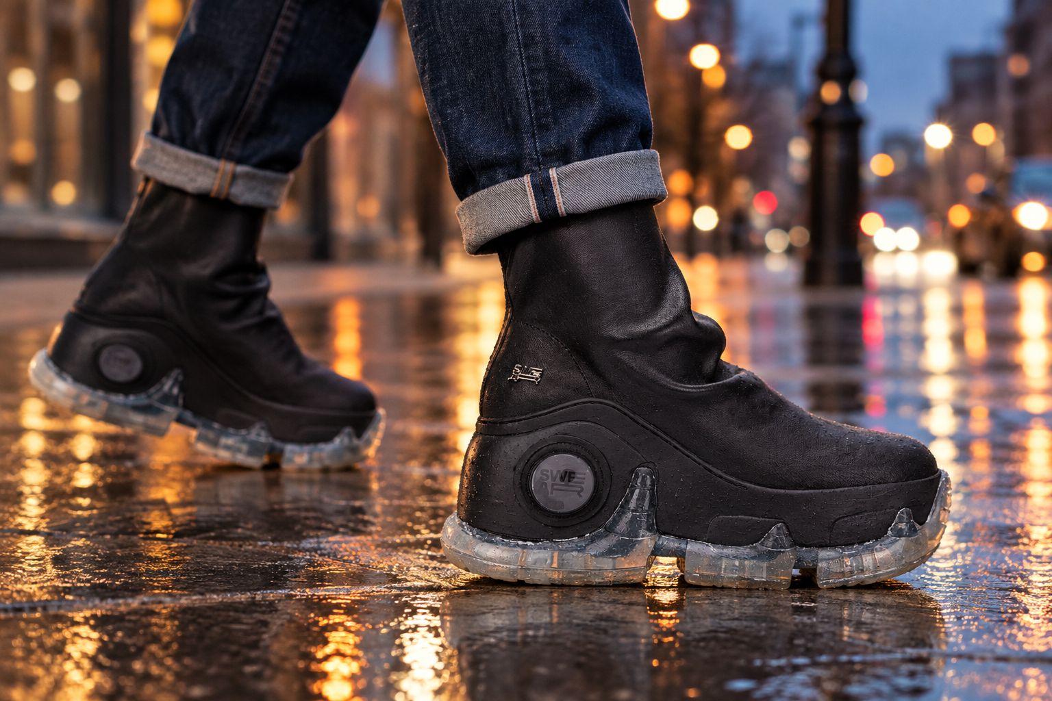 Man wearing black platform boots walking on a city street at dusk