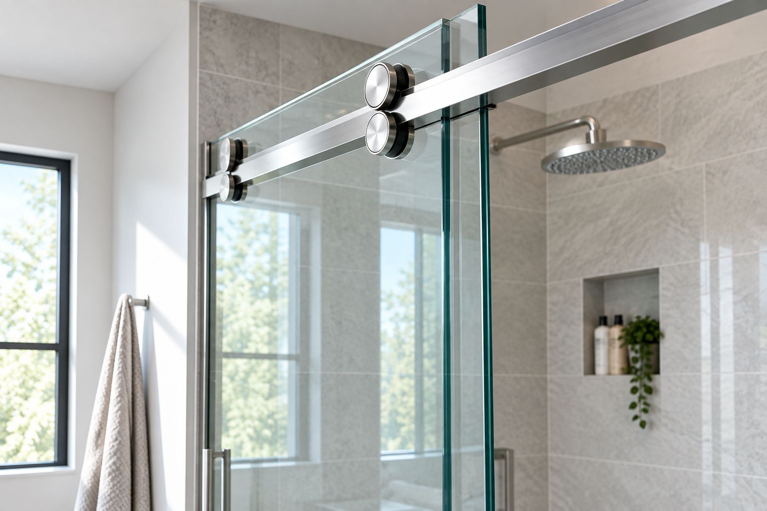 Frameless glass shower door on an overhead rolling track