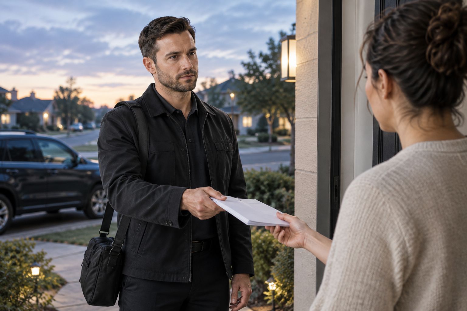 Process server delivering legal documents at a residential front door