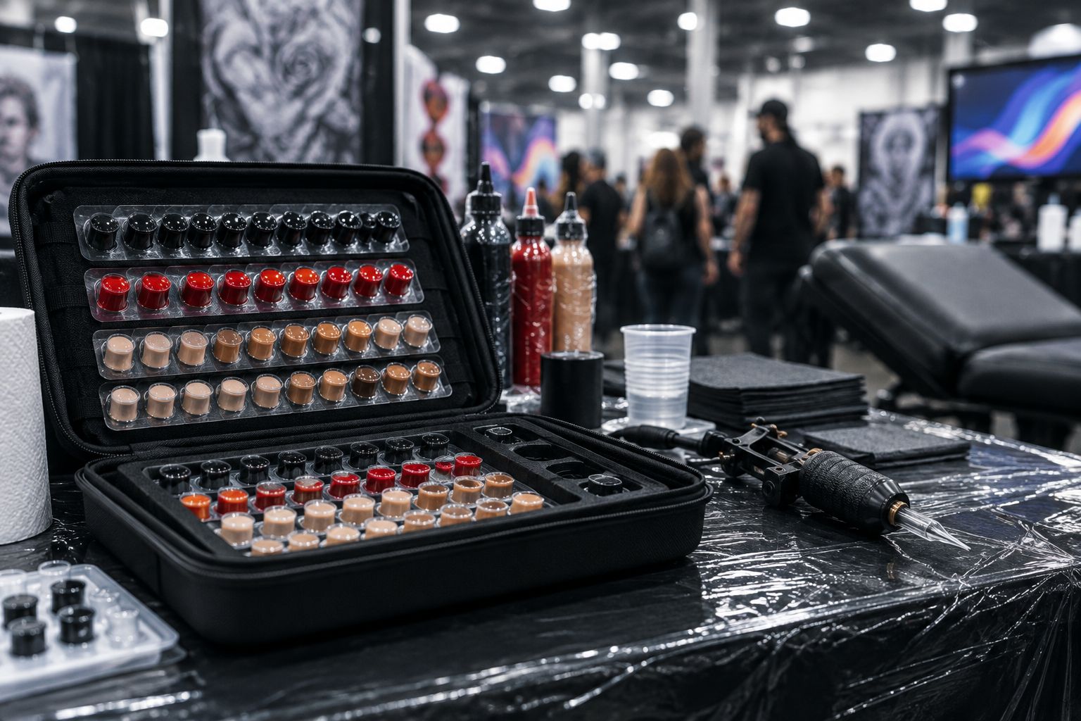 Organized travel ink kit at a tattoo convention booth