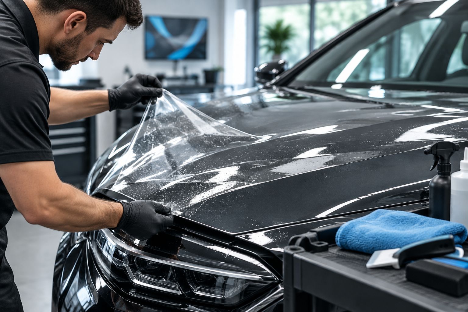 Clear protective film being positioned over a car hood with the panel boundary visible.