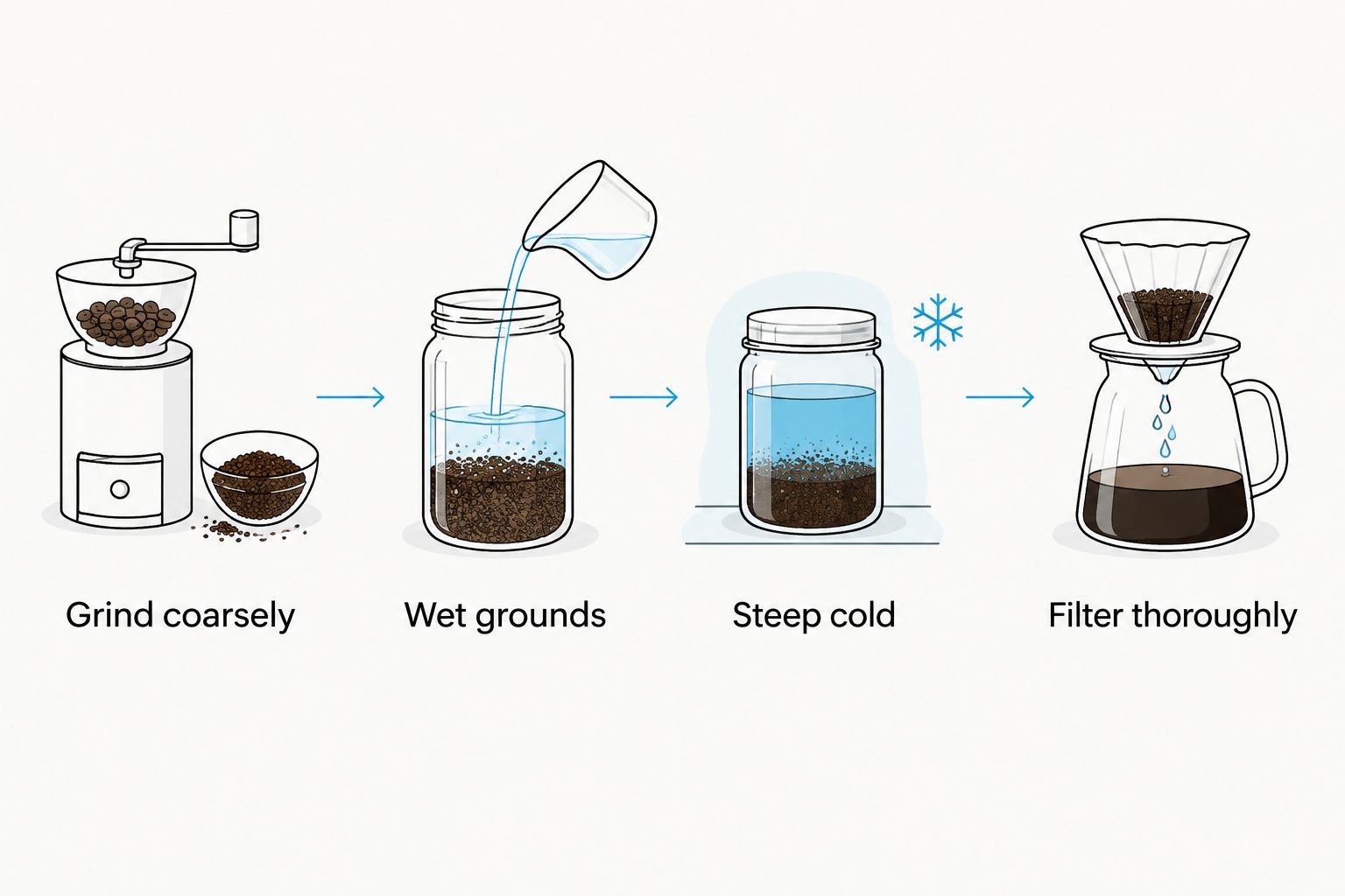 Four cold-brew steps: grind coarsely, wet the grounds, steep cold, and filter thoroughly.