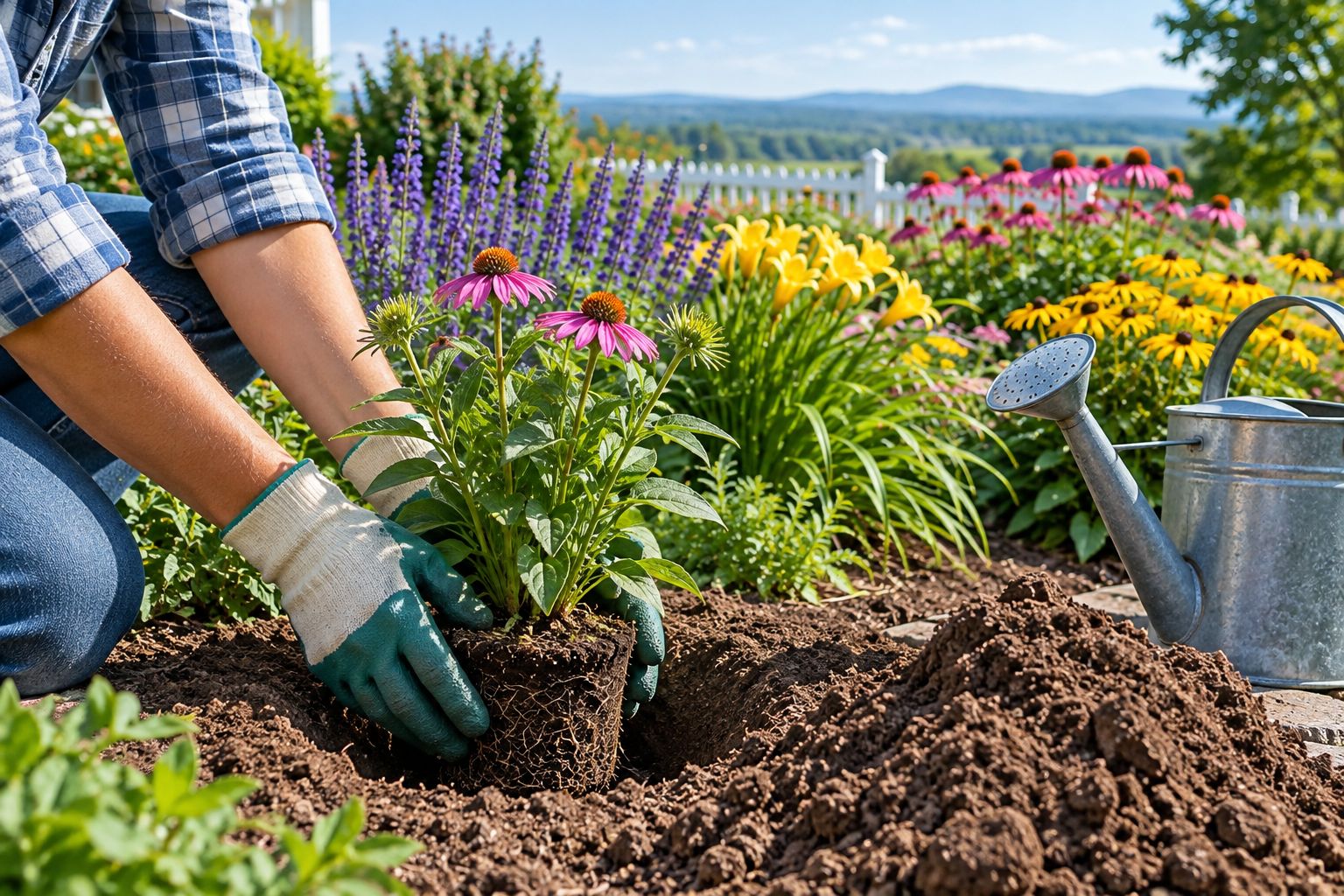 Gardener planting a young perennial plug level with the surrounding soil