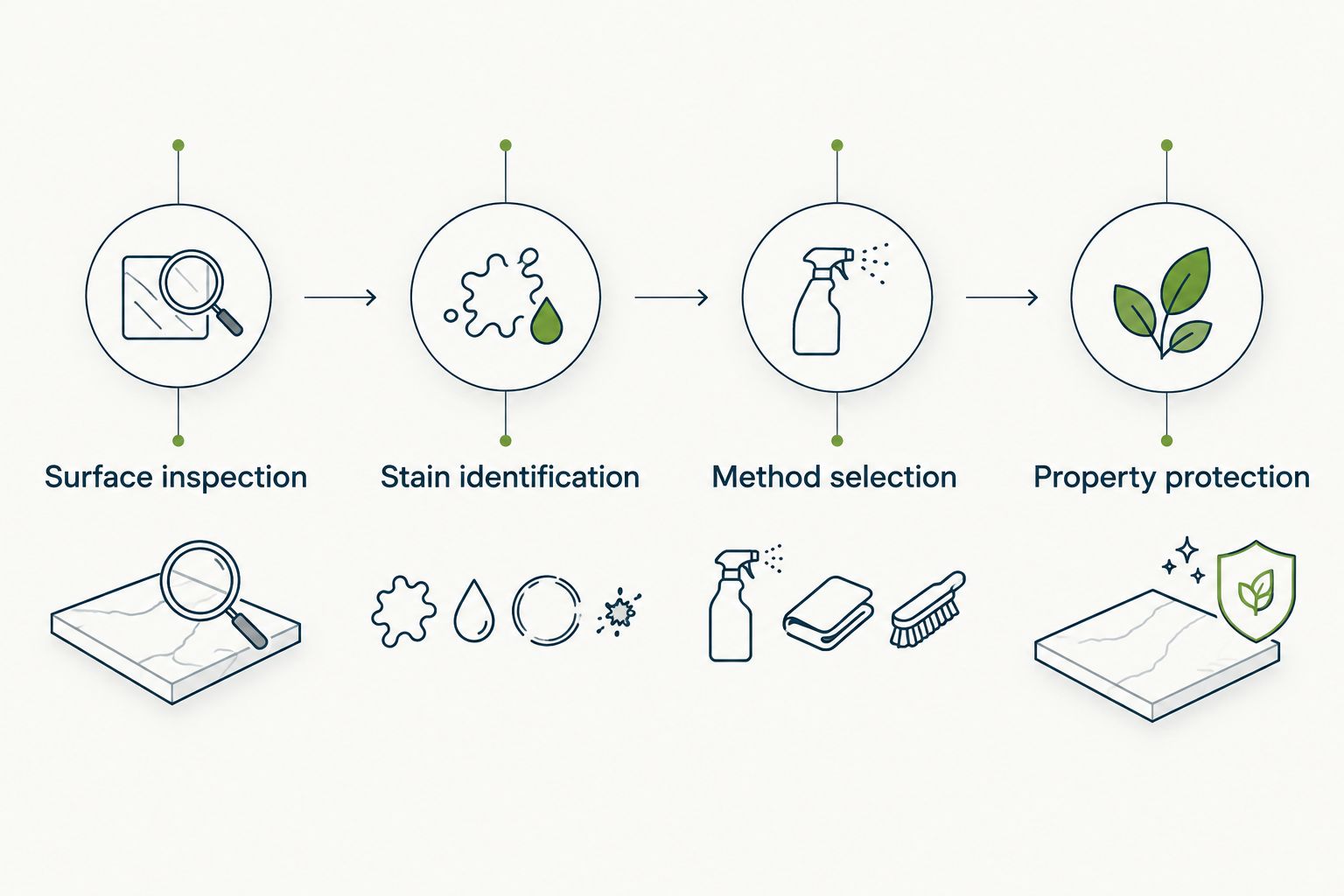 Four stages connecting surface inspection, stain identification, cleaning method, and property protection