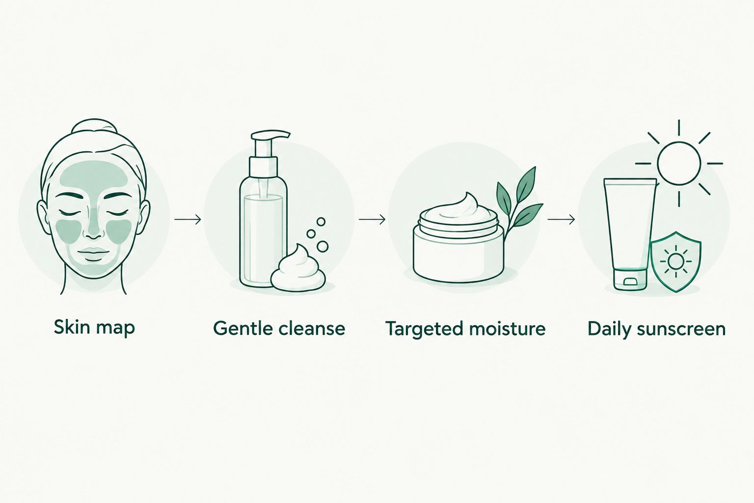 Four routine steps: map skin zones, cleanse gently, target moisturizer, and apply sunscreen.