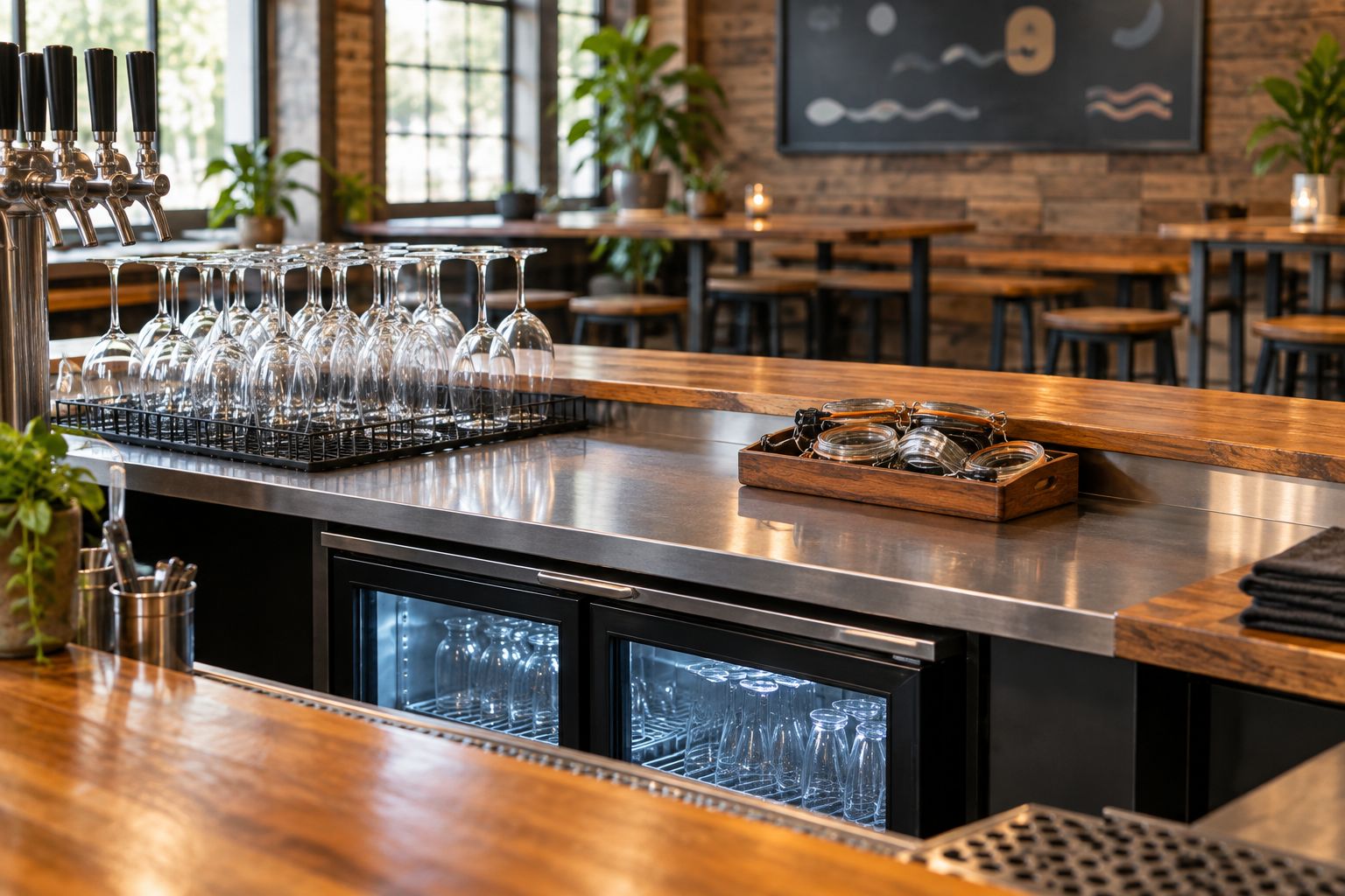 Bottle-free taproom service station with clean wine glasses, closures, and under-counter refrigeration
