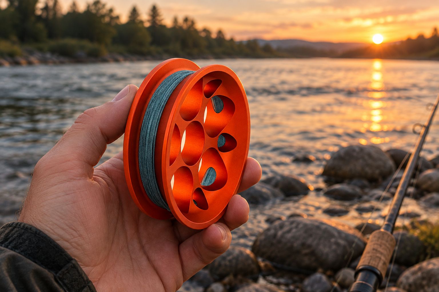 GoReel Pro hand reel held riverside at dusk
