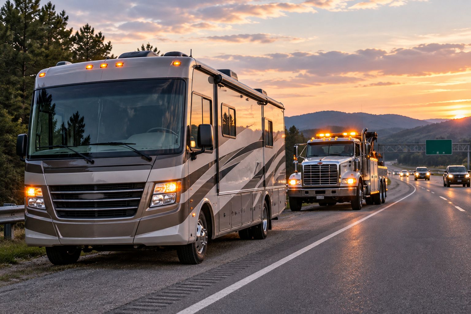 Motorhome stopped on a Georgia interstate shoulder with a tow truck approaching