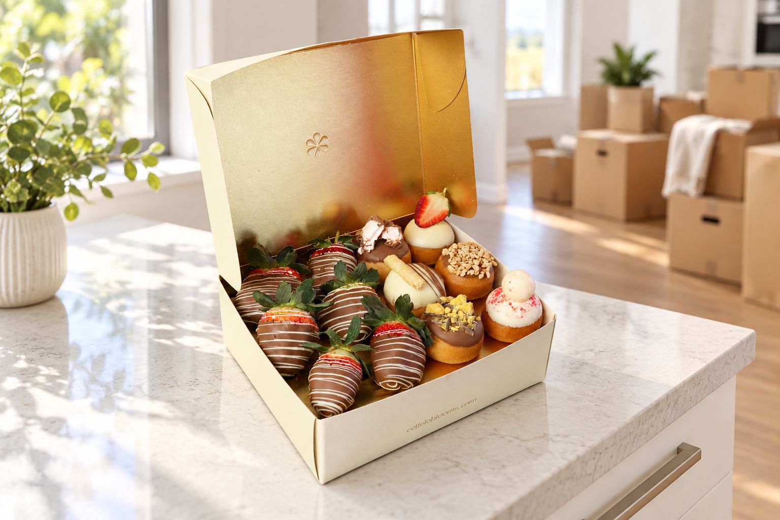 Gourmet donut and strawberry gift box on a kitchen bench in a new home