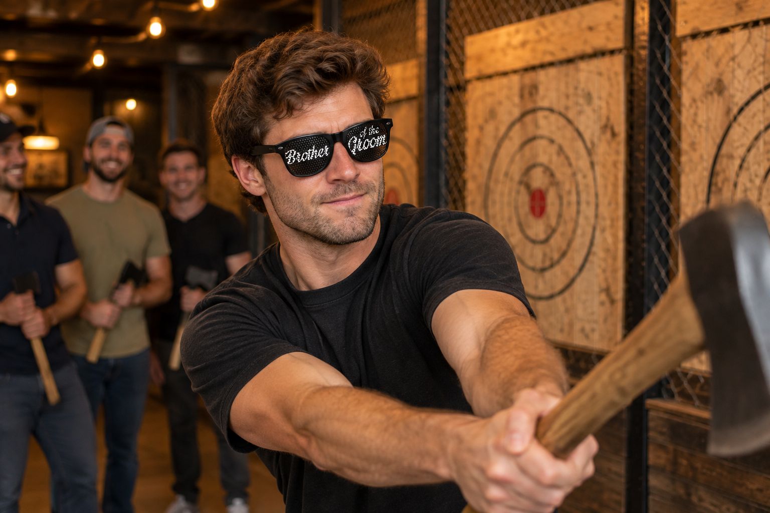 Groom's crew member wearing wedding party sunglasses at an axe throwing lane