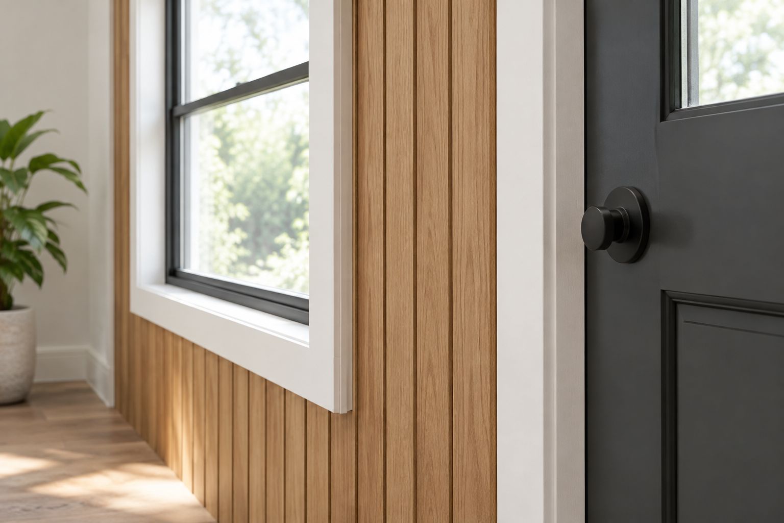 Side view of a wood-paneled wall meeting a painted door casing