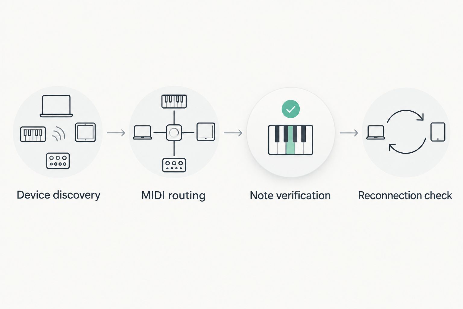 Four checks from device discovery through MIDI routing, note verification, and reconnection.