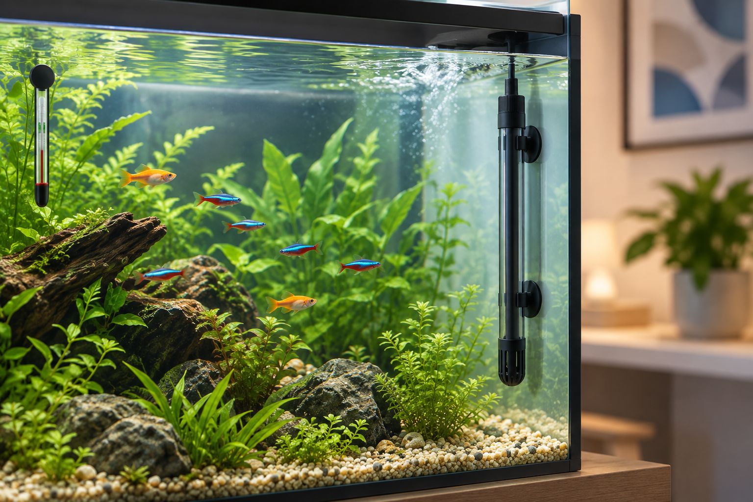 Aquarium heater near circulating water with a separate thermometer across the tank