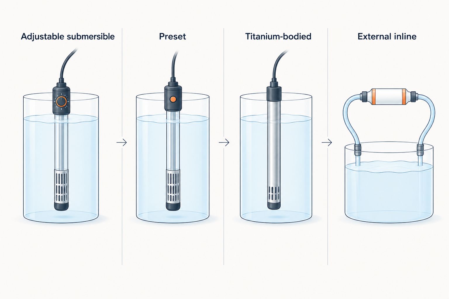 Four aquarium heater designs compared by installation and construction