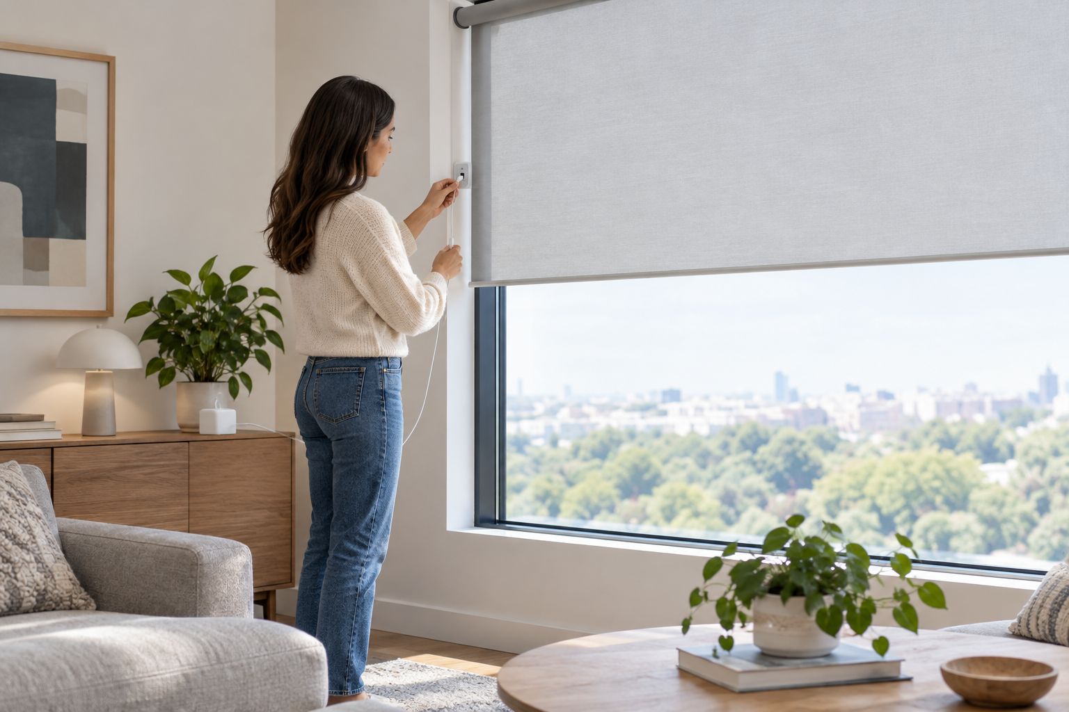An accessible charging connection on a motorized roller shade in a finished living room
