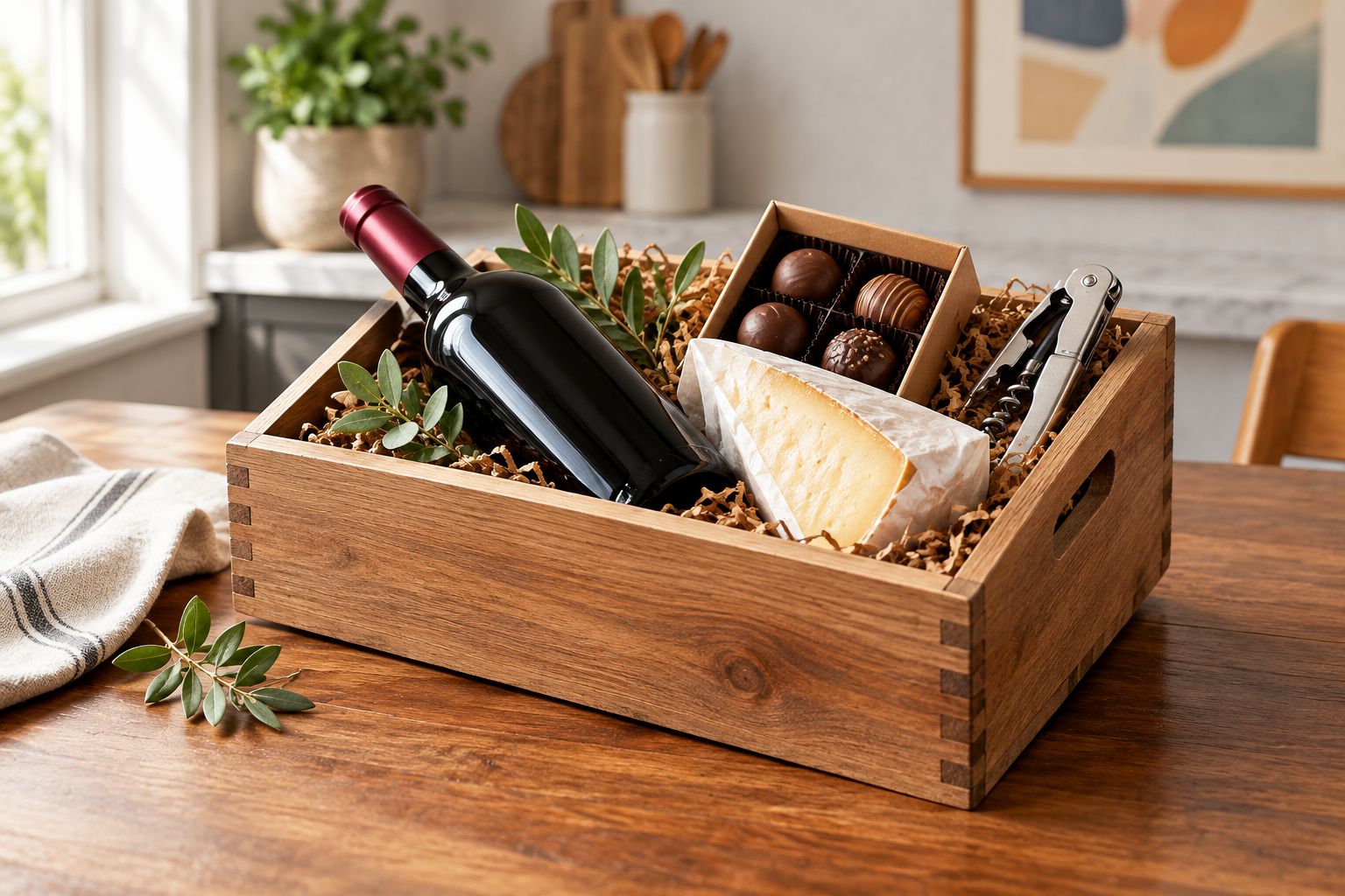 Wine gift basket assembled with one bottle, cheese, chocolate, and a corkscrew