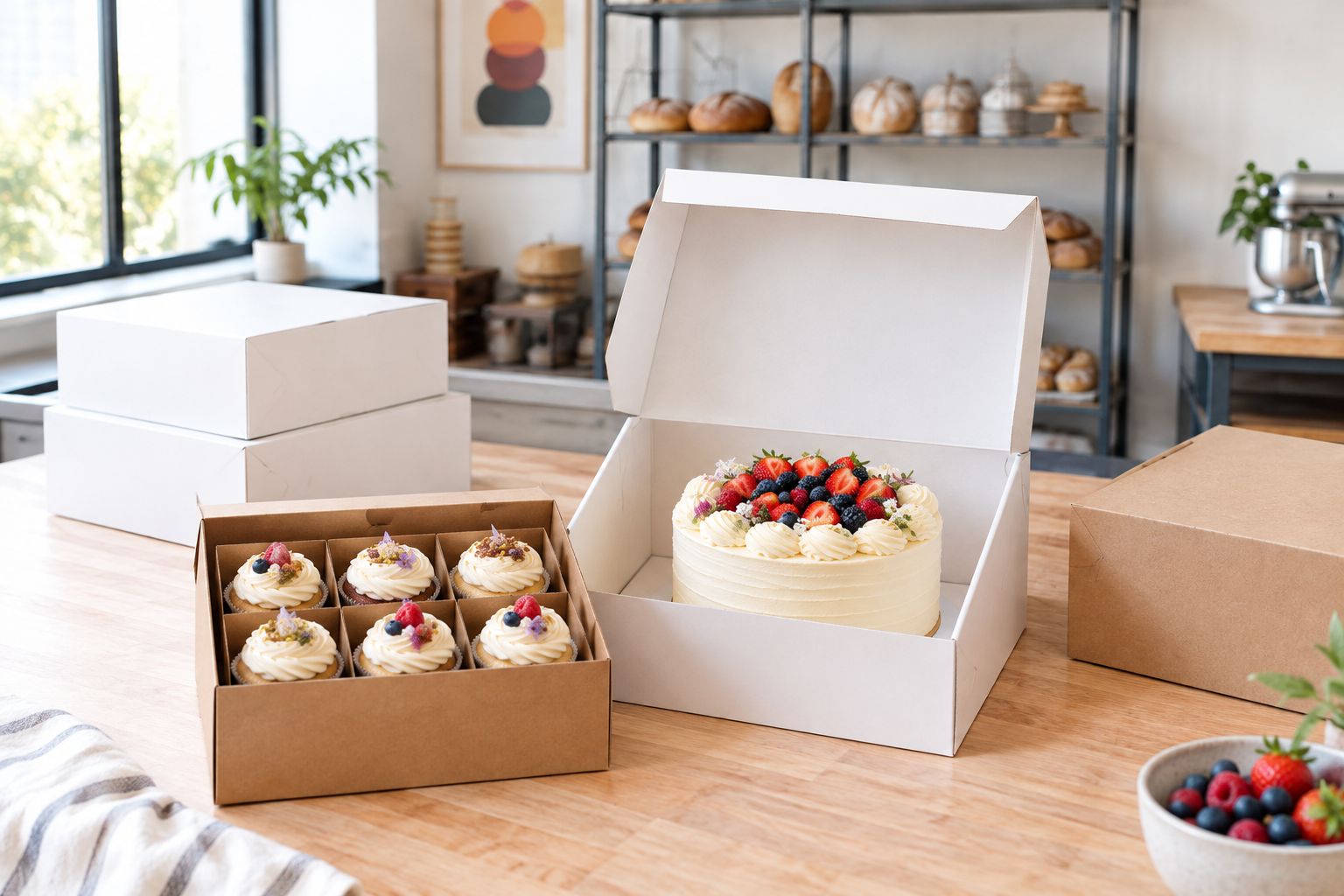 Cake and cupcakes in separate bakery boxes showing lid clearance and product positioning