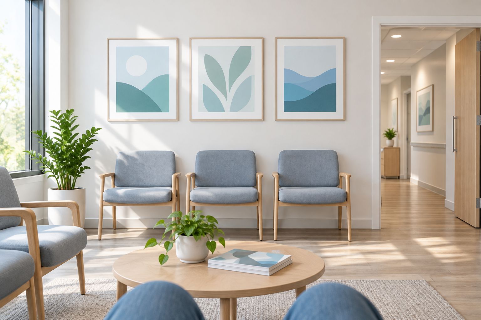 Paper artwork templates on a waiting-room wall viewed from a seated position