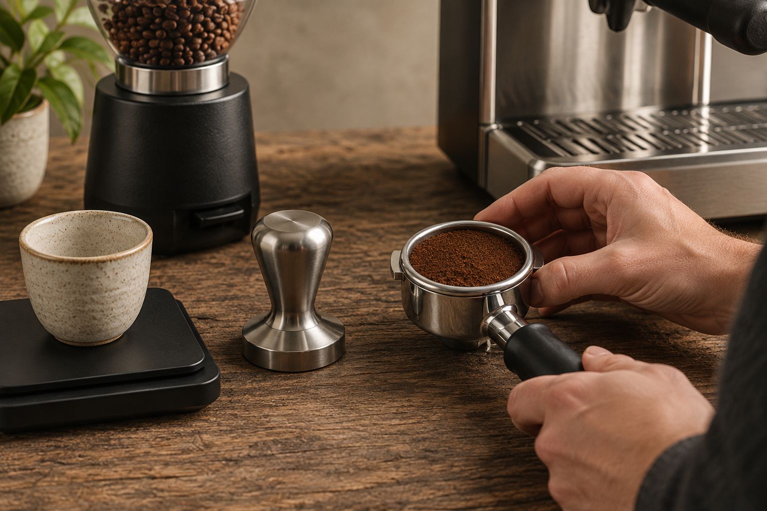 Home espresso preparation with a filled portafilter, tamper, cup, and scale