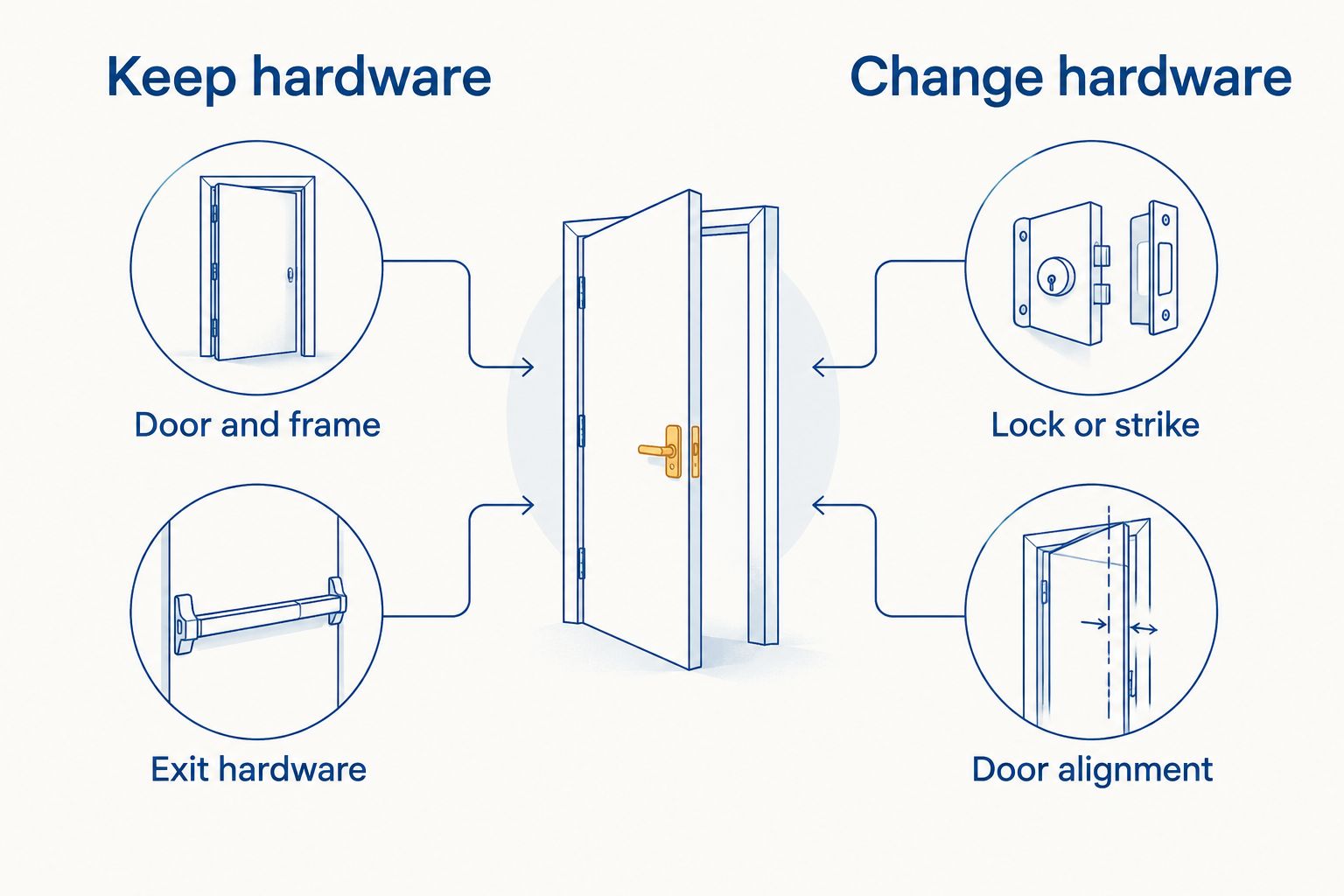 Two-column diagram showing existing door parts to assess for reuse or change