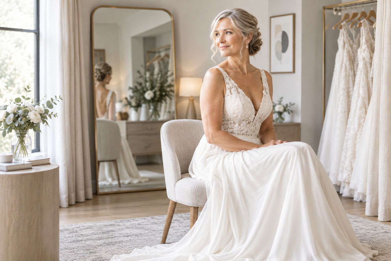 Bride seated in a wedding gown to assess comfort through the waist and skirt