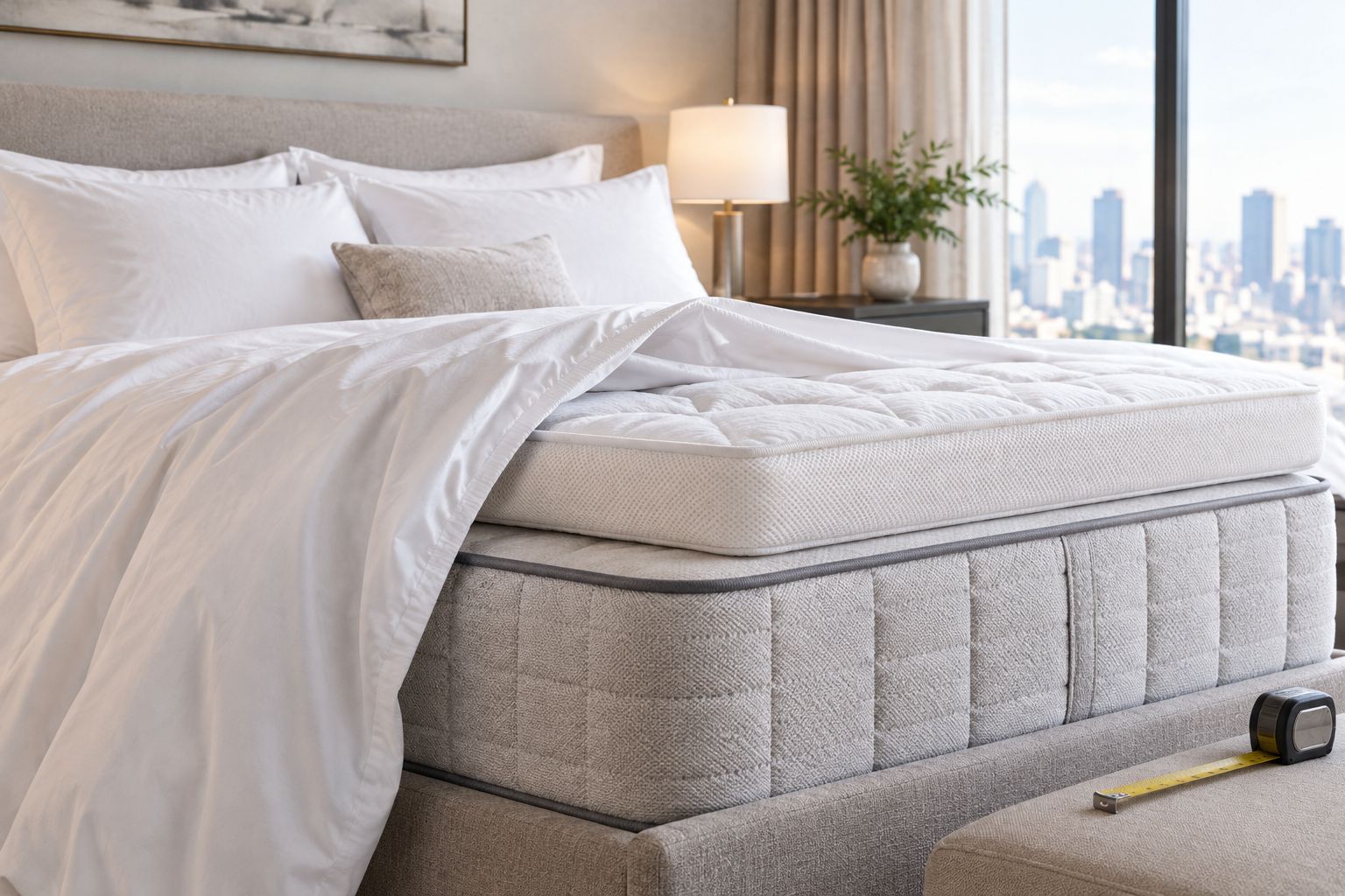 Mattress, topper and fitted sheet shown separately at the edge of a bed